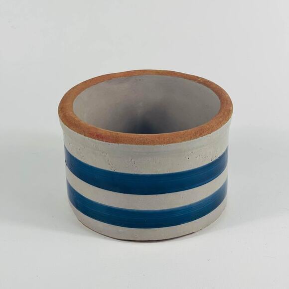 Vintage Rustic Butter Crock Blue Striped Small Stoneware Container - Picture 3 of 5